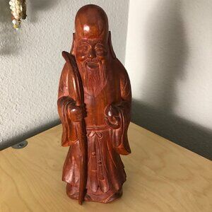 Vintage "Confucius Says You Need This" Hand Carved Wood Statue with Staff